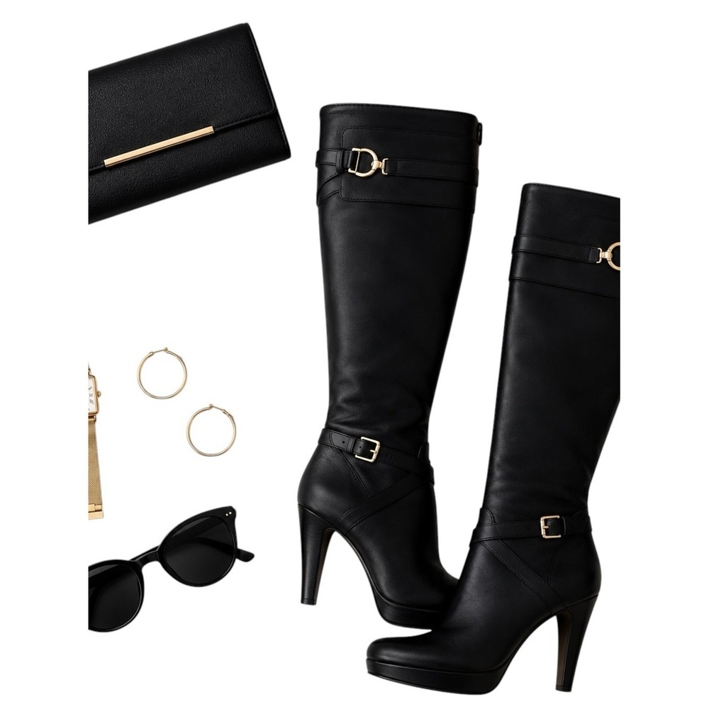 Cole Haan Air Julisa Tall Knee High Black Leather Riding Boots Women's 6.5B IOB - Picture 1 of 10